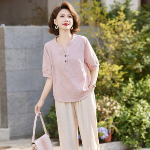 中年妈妈夏装麻棉衬衫套装2025新款中老年夏季两件套女装