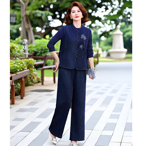 2026新款妈妈秋季国风马甲上衣牛仔三件套中老年女装优雅气质套装