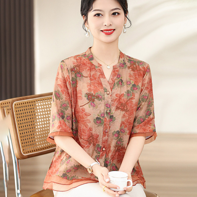 妈妈夏装时尚上衣中年短袖衬衫2025新款中老年女夏季T恤洋气小衫