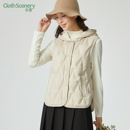 布景羽绒马甲女冬季新品简约连帽无袖白鸭绒短款羽绒服外套5566