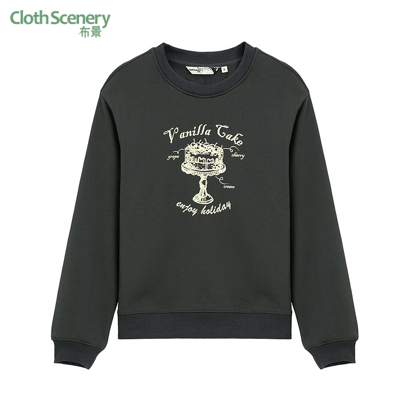 布景加绒卫衣女冬季新品简约印花圆领宽松厚款上衣外套1932