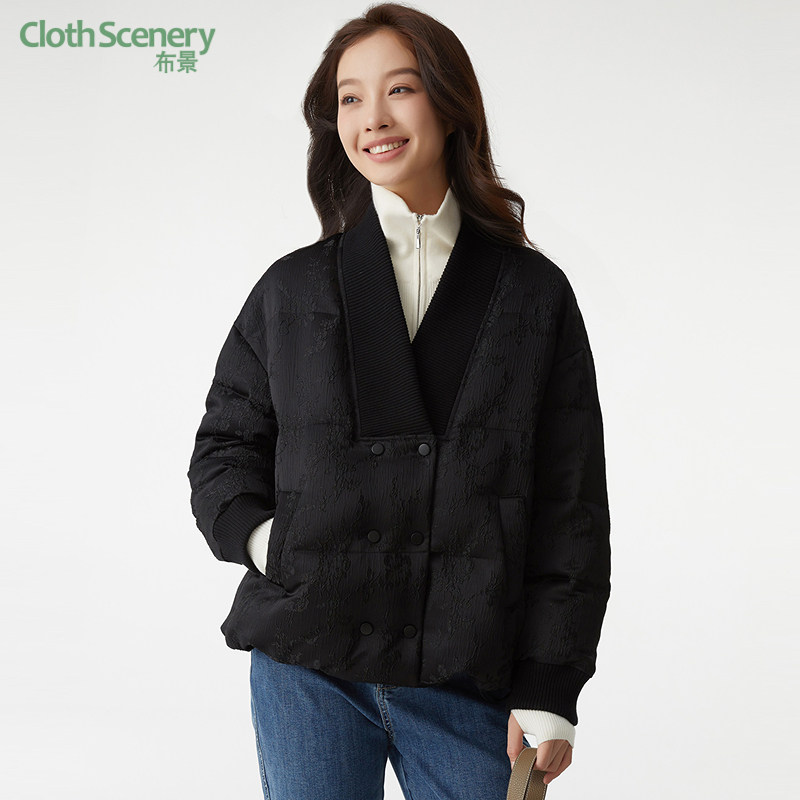 布景羽绒服女秋季新品简约气质v领白鸭绒短款保暖外套厚款1016