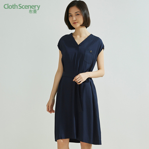 布景连衣裙女夏季新款时尚气质V领纯色淑女收腰A字中长裙子3096