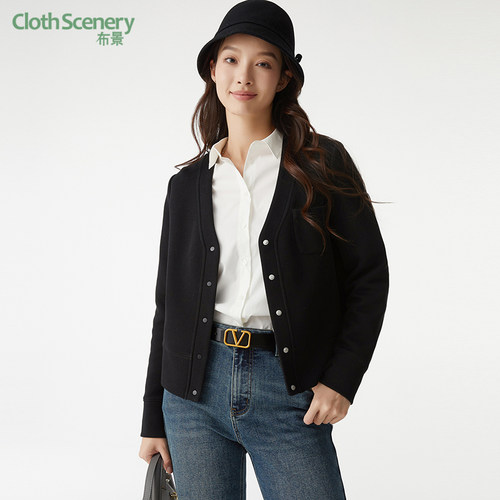布景外套女秋季新品简约V领设计感单排扣短款宽松卫衣上衣1155