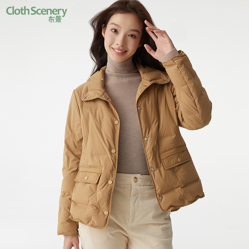 布景羽绒服女秋冬新品简约翻领立领设计直筒白鸭绒短款外套厚1027