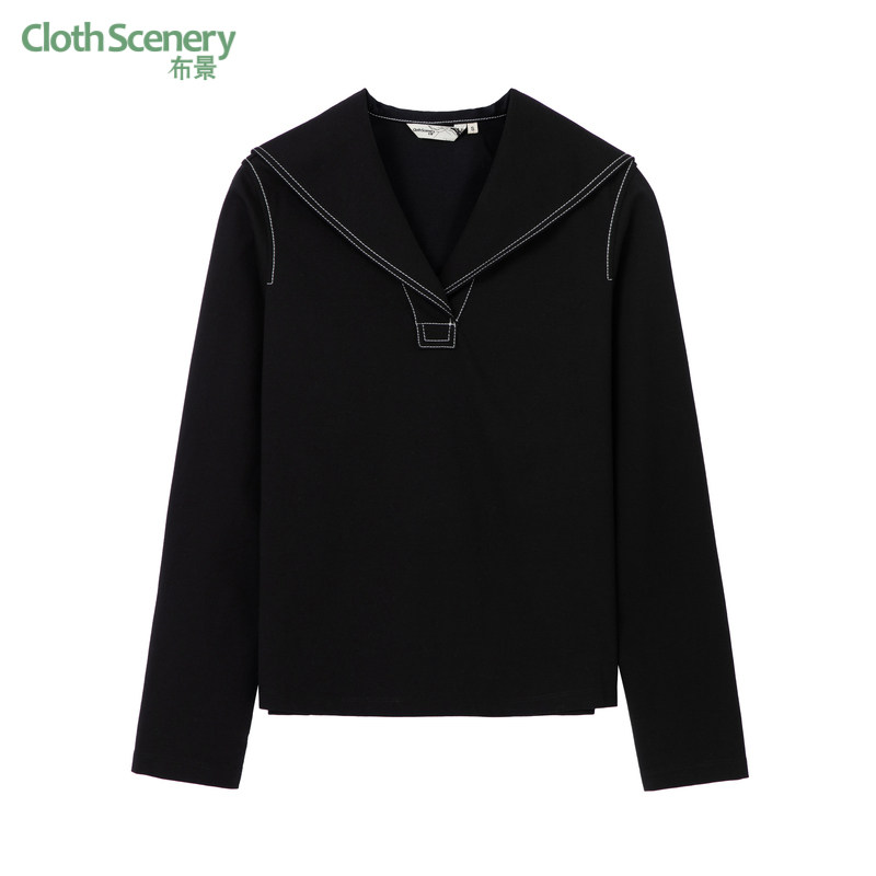 布景长袖T恤女春季新品简约海军领明线设计感宽松外穿上衣0963,女装/女士精品,T恤,淘宝优惠券,粉丝福利购,淘宝优惠卷