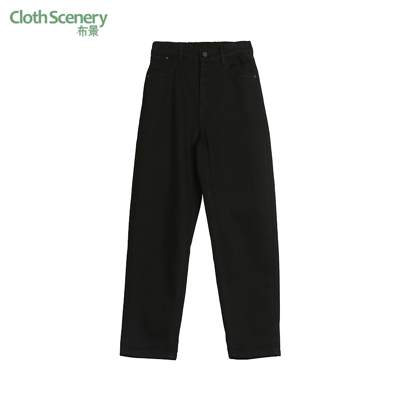 布景牛仔裤女加绒2025年冬季新品时尚松紧腰加绒厚款黑色裤子6355