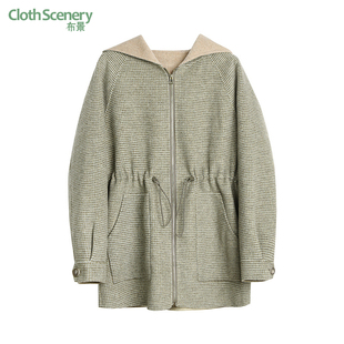 布景毛呢大衣女2025冬季 简约抽绳收腰格纹连帽含羊毛外套1019 新品