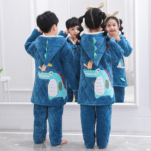 儿童睡衣冬季加厚卡通夹棉法兰绒中大童家居服男女童恐龙保暖套装