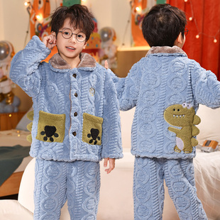 冬季儿童加厚睡衣男童三层夹棉法兰绒珊瑚小中童宝宝棉袄套装恐龙