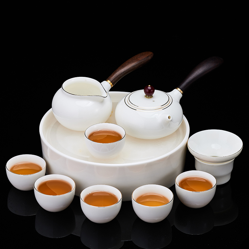 玉石茶盘描金羊脂玉茶具整套