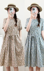 2026年夏季新款女装碎花短袖连衣裙木耳领宽松圆领收腰中长款轻薄