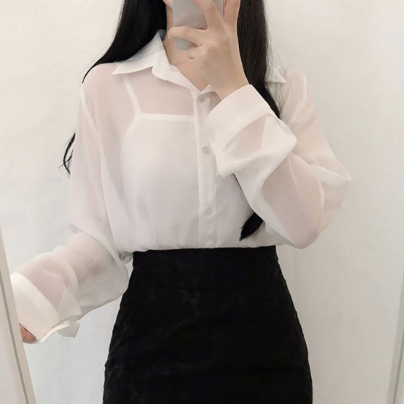 白色雪纺女ol职业长袖衬衣2022韩版修身显瘦百搭防晒上衣外穿薄款