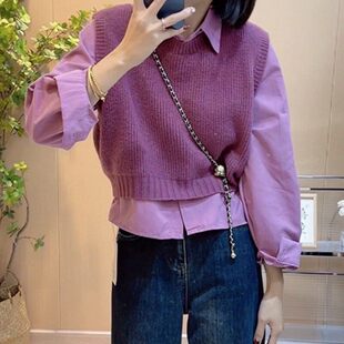 韩系超火巨好看的早秋一整套多巴胺针织马甲女学院风大方得体衬衫