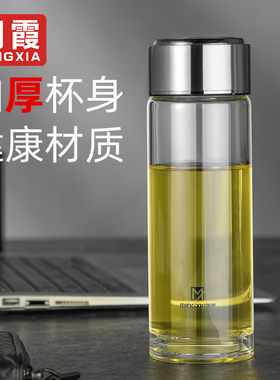 明霞玻璃杯加厚可携式水杯车载过滤男茶杯带盖子家用杯子480ml大