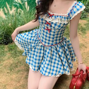 甜美女装 港风复古气质蓝色格子连衣裙女2025夏季 飞飞袖 新款 时尚