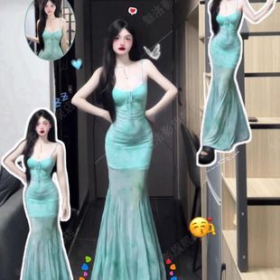 浅绿色印花网纱吊带连衣裙女夏海边度假纯欲性感鱼尾包臀长裙 法式