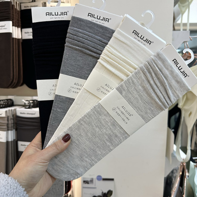 5双包邮AILUJIA7572堆堆袜有跟蝴蝶结暗纹无骨袜子女薄款中筒透气