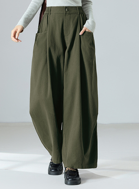 纯棉高腰灰色阔腿裤休闲裤女复古夏季新款宽松显瘦高级感百搭长裤