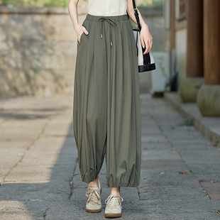 慵懒风冰丝百搭速干裤 女宽松大码 轻薄高腰显瘦胖mm束脚灯笼裤 夏季