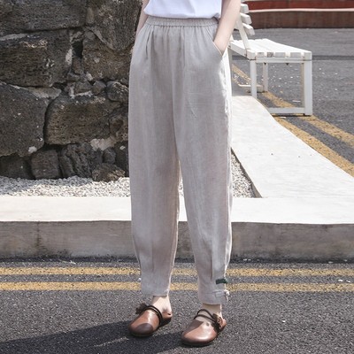 高腰亚麻哈伦裤九分裤