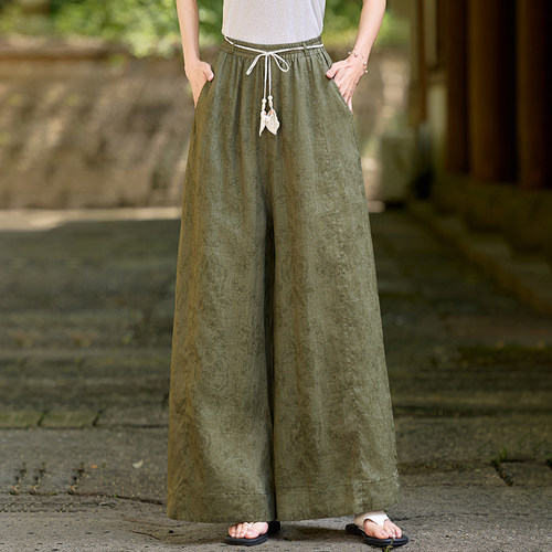 苎麻提花文艺阔腿裤女夏季新款百搭宽松显瘦休闲裙裤大码直筒长裤