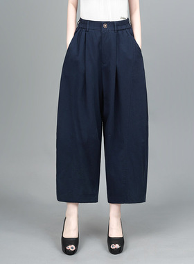 2025夏季灯笼裤女新款简约纯棉薄款高腰休闲裤子九分宽松阔腿裤