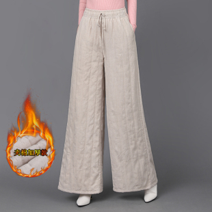 高档加厚保暖休闲直筒裤 新款 子 美拉德冬款 高端棉麻松紧腰系带棉裤