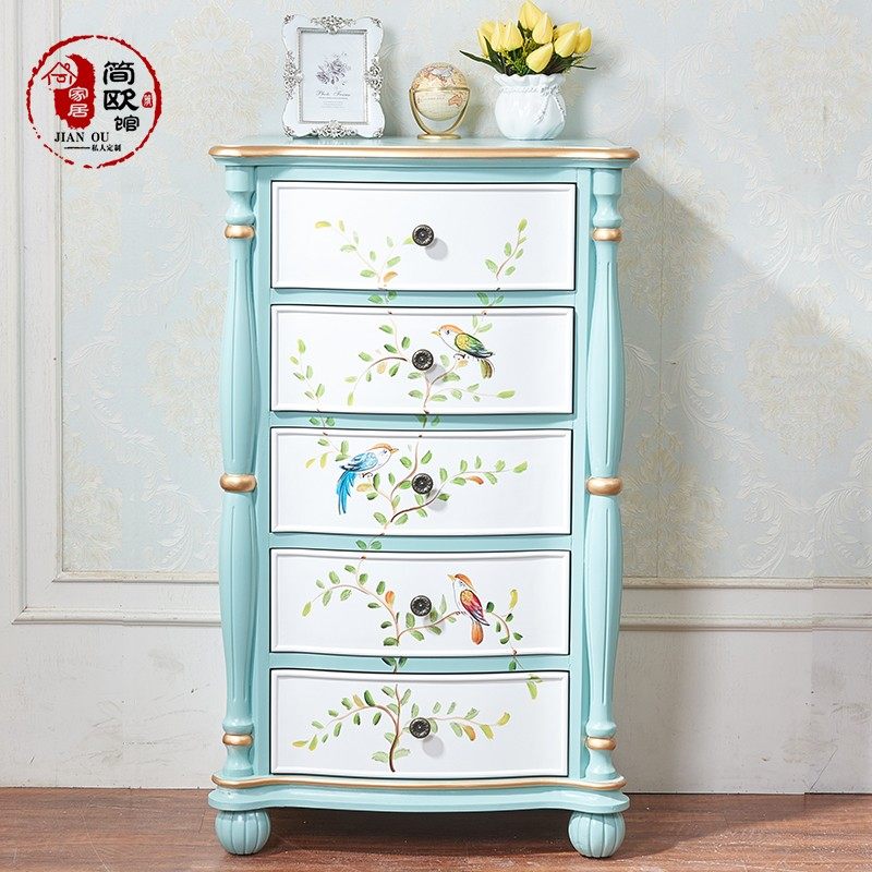 美式乡村五斗柜地中海风格做旧边柜实木雕花储物柜田园彩绘收纳柜
