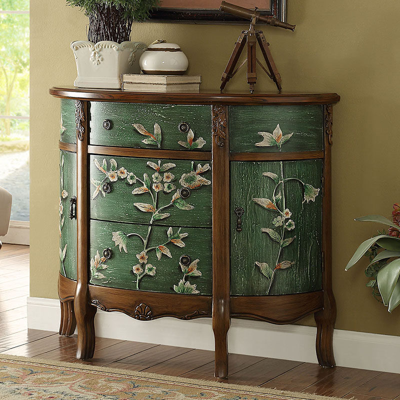 美式彩绘玄关柜地中海手绘半圆柜复古做旧家具实木仿古边柜储物柜