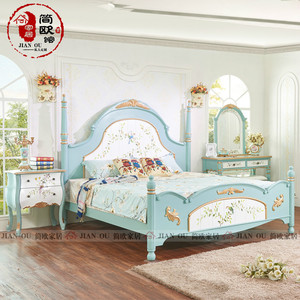 简式118美式乡村实木床彩绘双人床欧式地中海婚床手绘卧室公主床