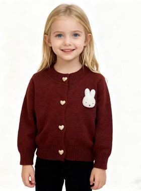 现货发miF兔原单女童红色新年款针织毛衣外套