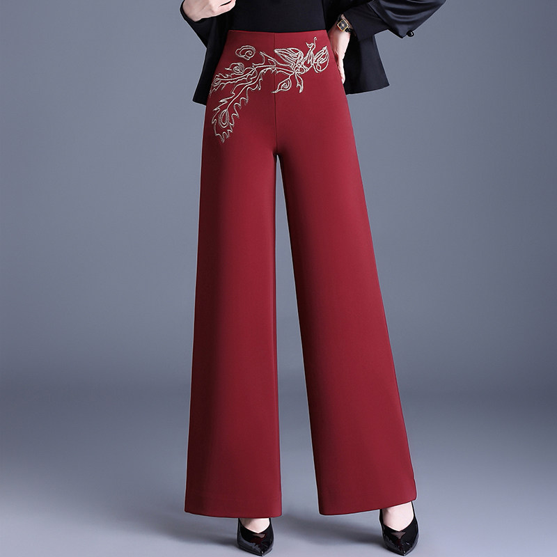 秋冬绣花垂感阔腿裤女新款高腰宽松女士休闲裤免烫跳舞走秀裤子