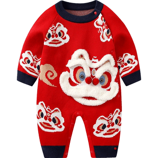 婴儿拜年服冬装连体衣男宝宝加绒加厚红色过年喜庆棉服冬季衣服女