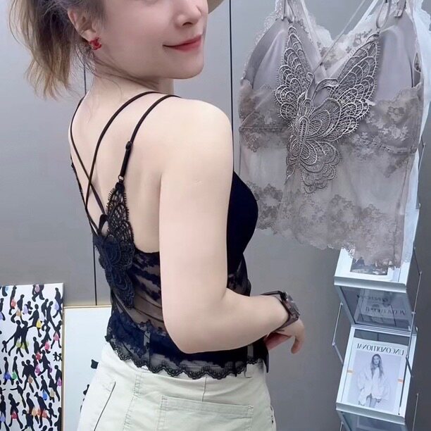 法式蕾丝蝴蝶吊带背心无痕防走光