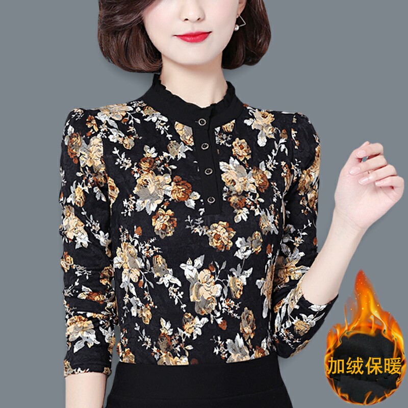 春秋装中年人秋衣外穿衬衫女式上衣妈妈秋冬洋气加绒蕾丝打底小衫