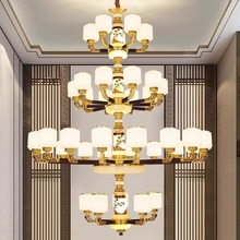 新中式全铜实木复式楼别墅客厅大吊灯楼中楼中空跃层大堂玉石灯具
