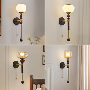 法式复古壁灯美式简约卧室床头灯中古客厅背景墙书房过道实木灯具