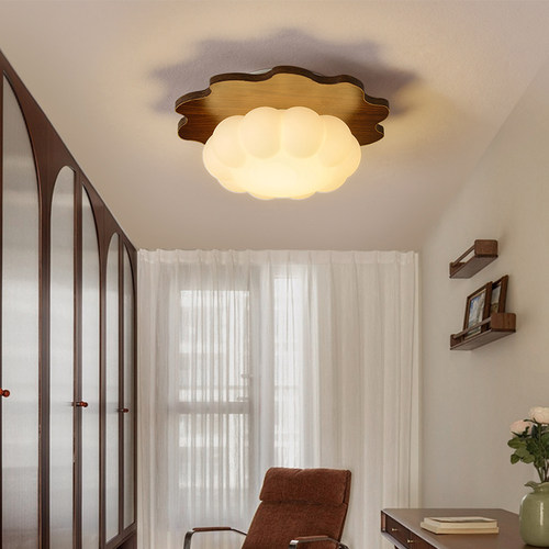 南瓜吸顶灯中古风法式过道阳台灯胡桃木色奶油风玄关衣帽间灯具