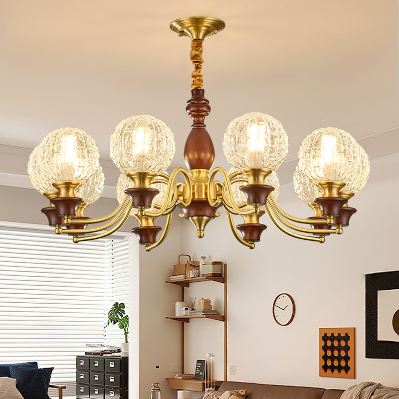 全铜中古风法式复古实木吊灯