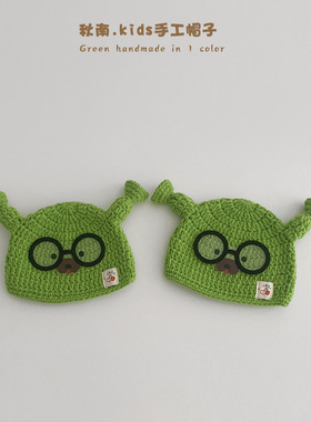 韩国儿童帽子秋冬2025新款手工编织绿色搞怪宝宝儿童毛线帽新款