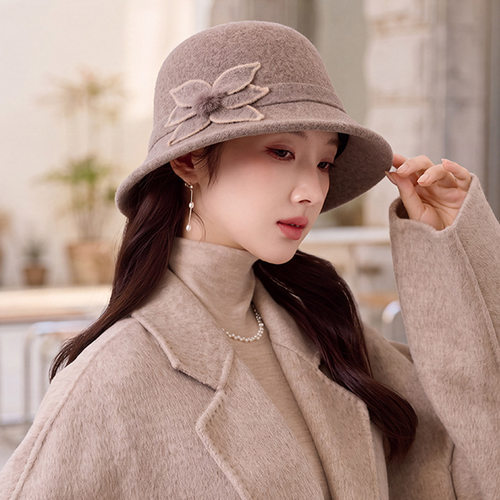 法式优雅盆帽秋冬天中老年妈妈帽高品质羊毛帽子女款显脸小渔夫帽