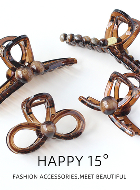 高级感茶咖色系珍珠抓夹气质百搭鲨鱼夹后脑勺盘发夹发量多发卡新