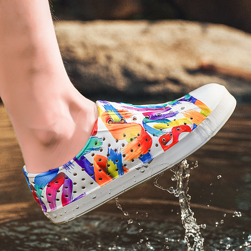 彩条人洞洞鞋男女一脚蹬凉鞋新款夏季雨鞋外穿沙滩鞋防滑透气开车,流行男鞋,洞洞鞋,淘宝优惠券,粉丝福利购,淘宝优惠卷