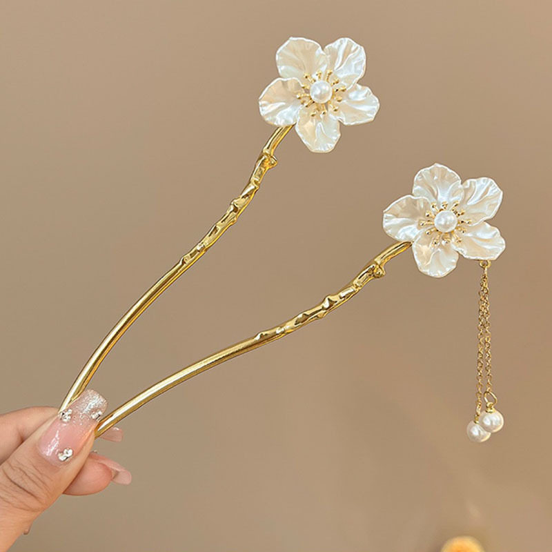 新中式木槿花流苏发簪古风步摇后脑勺盘发簪子复古发钗头饰发饰