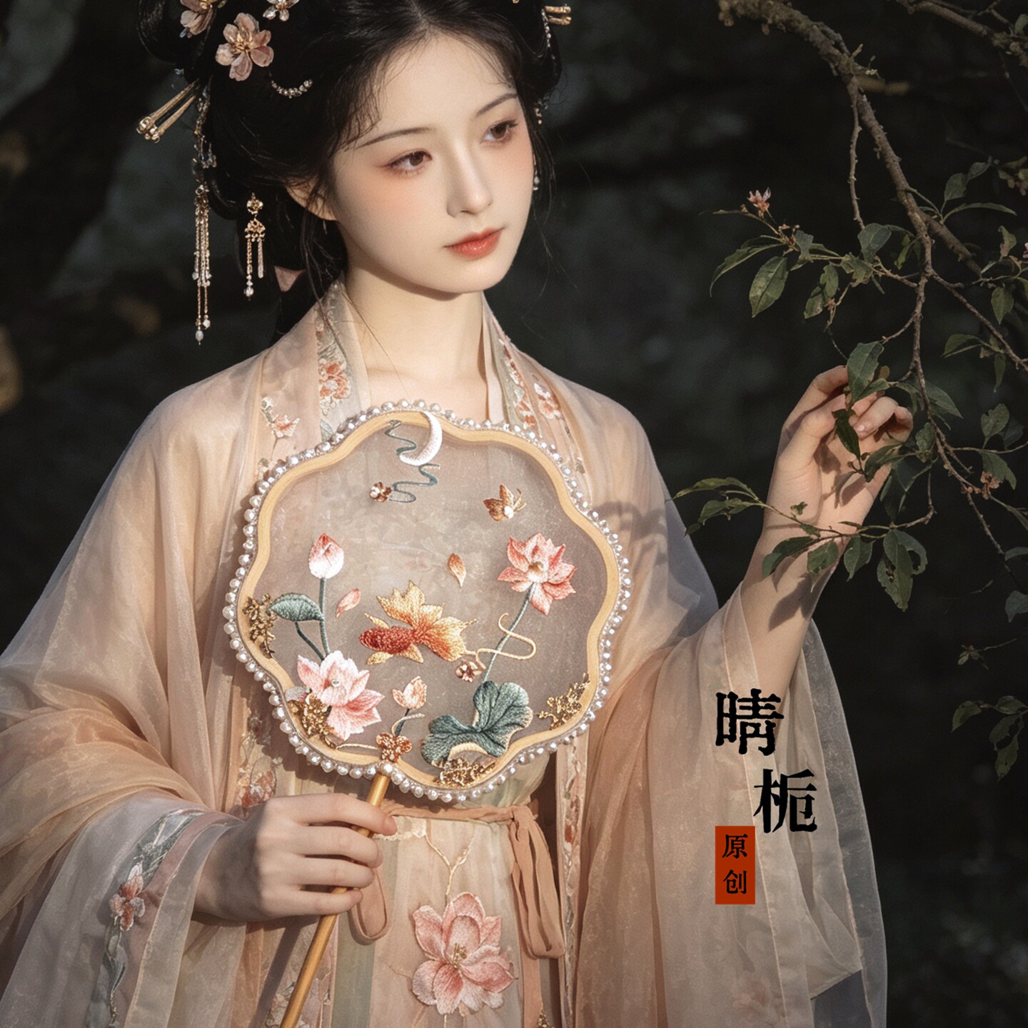 晴栀原创月下荷花绣花珠边团扇中式古典汉服拍照装饰扇子