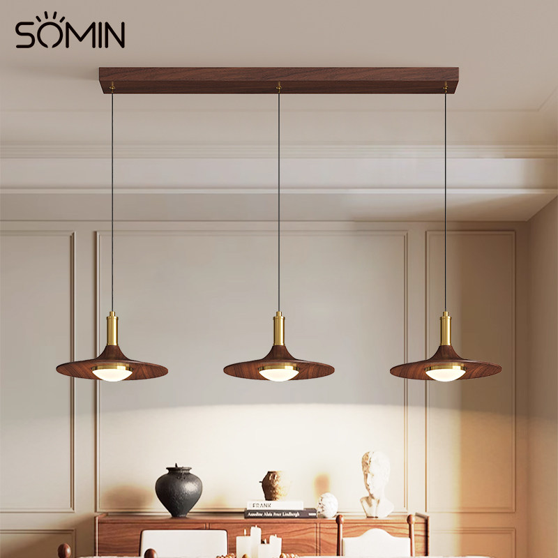 中古风餐厅吊灯复古飞碟办公茶室吧台灯胡桃木色三头新款饭桌灯具,家装灯饰光源,餐厅吊灯,淘宝优惠券,粉丝福利购,淘宝优惠卷