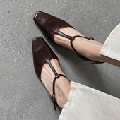 个性 小众设计感咖啡色高跟鞋 真皮 包头羊皮女鞋 时尚 女夏季 复古凉鞋