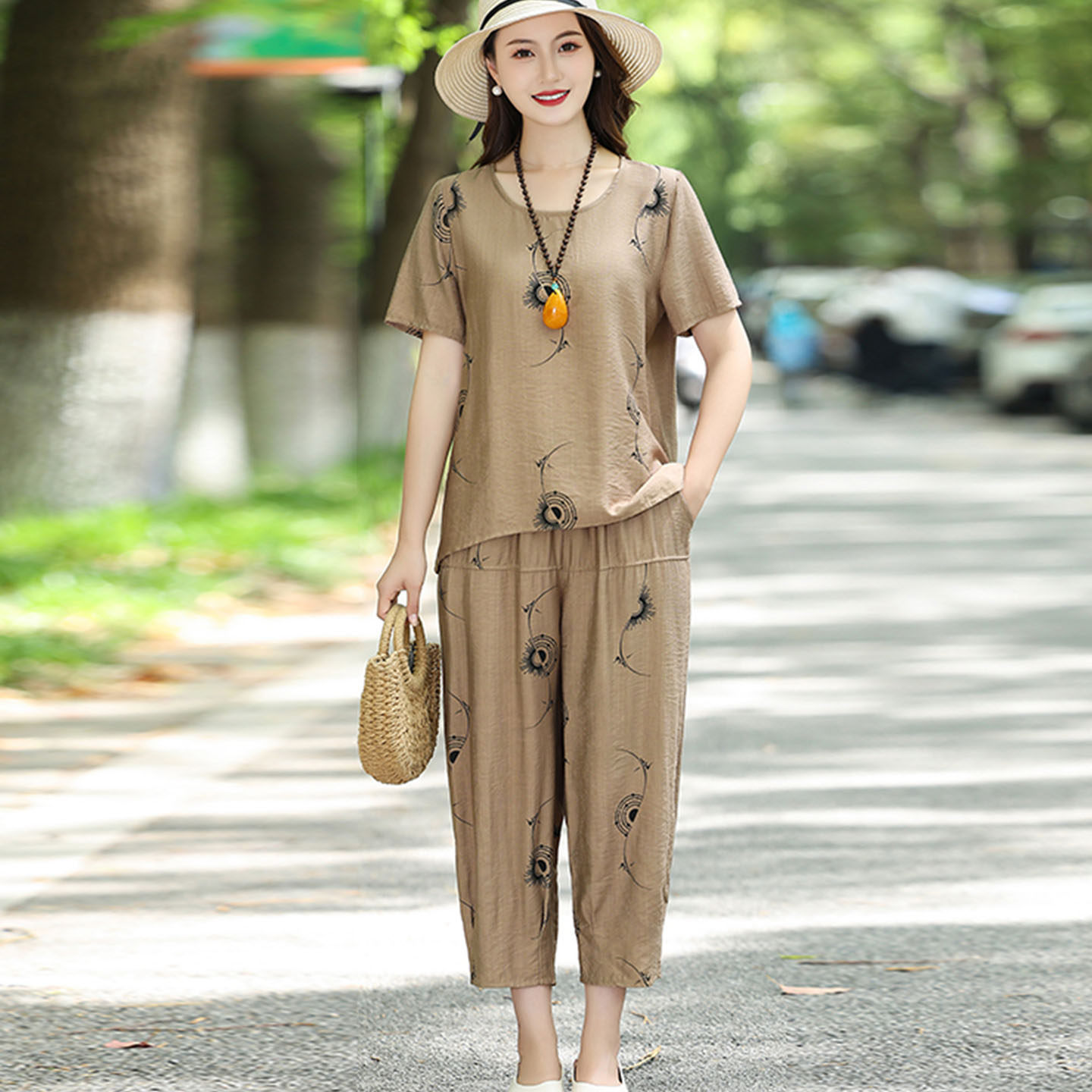 妈妈夏季套装女宽松冰丝棉麻上衣