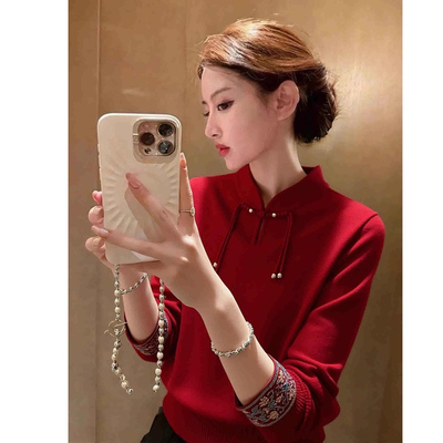 新中式国风百搭显瘦红色盘扣毛衣